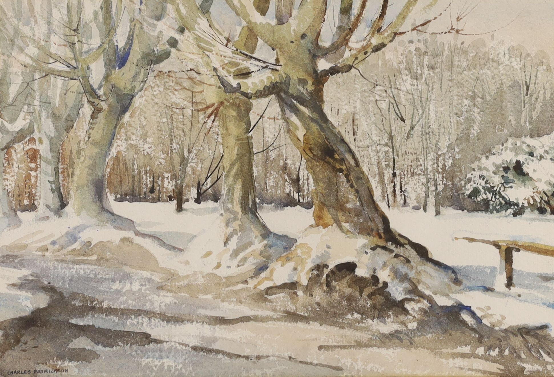 Charles Patrickson (20th C.), watercolour, Woodland in winter, signed, 24 x 36cm